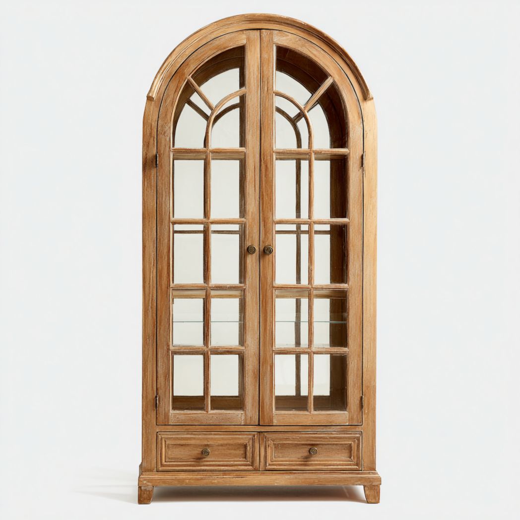 Vitrine en bois de forme arquée, deux portes vitrées et deux tiroirs en bas