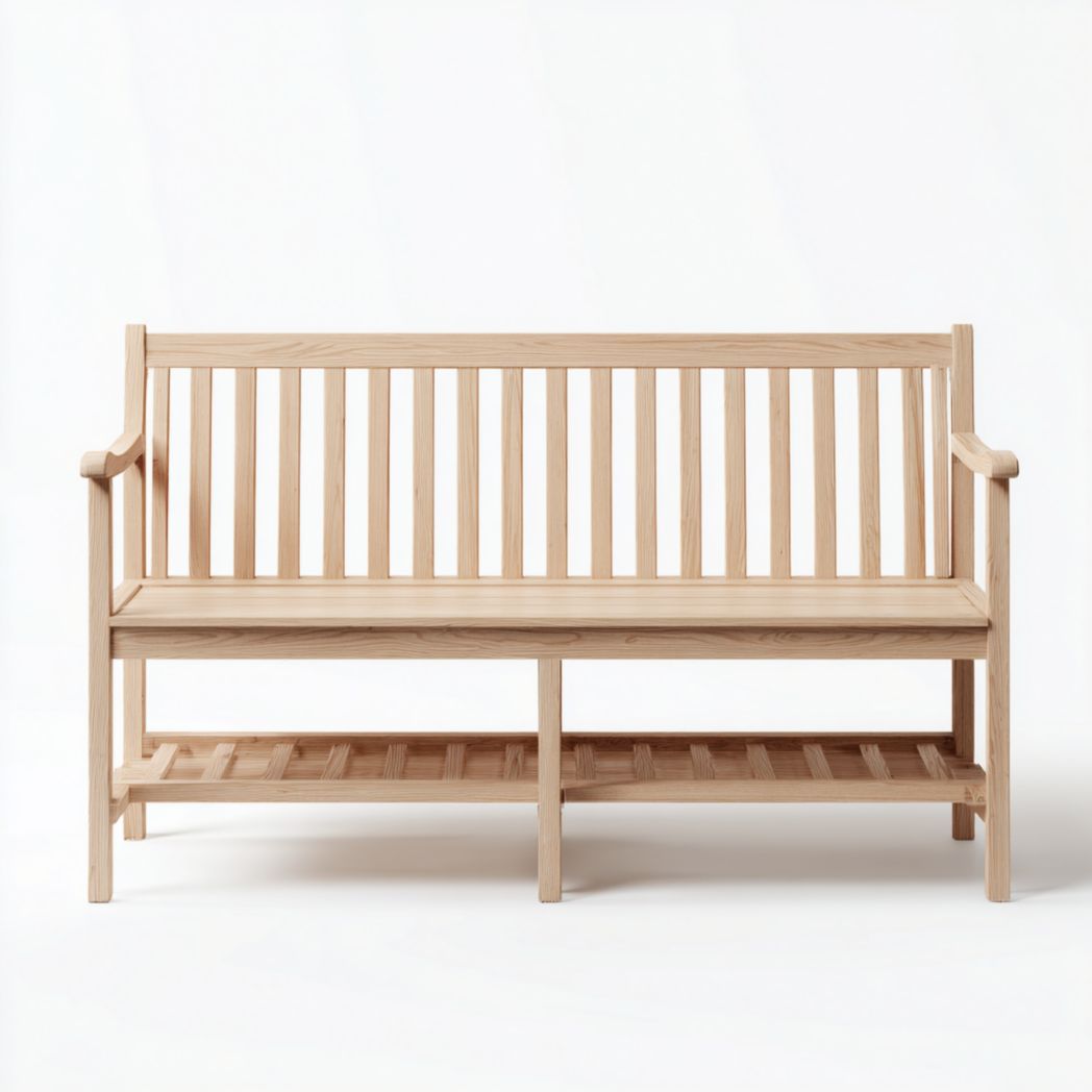 Banc en bois clair avec dossier et accoudoirs