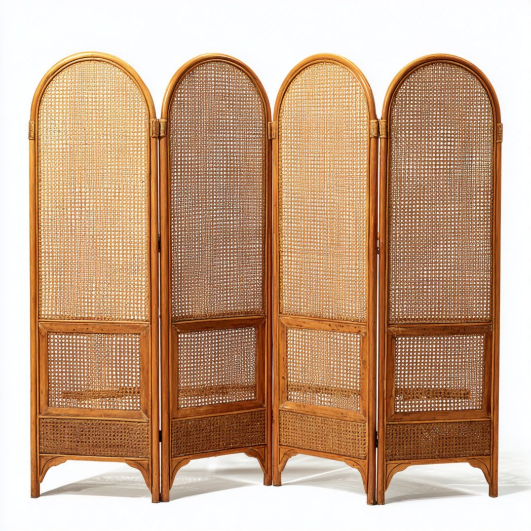 Paravent pliant en quatre parties en rotin avec cadre en bois de couleur naturelle et de forme arquée