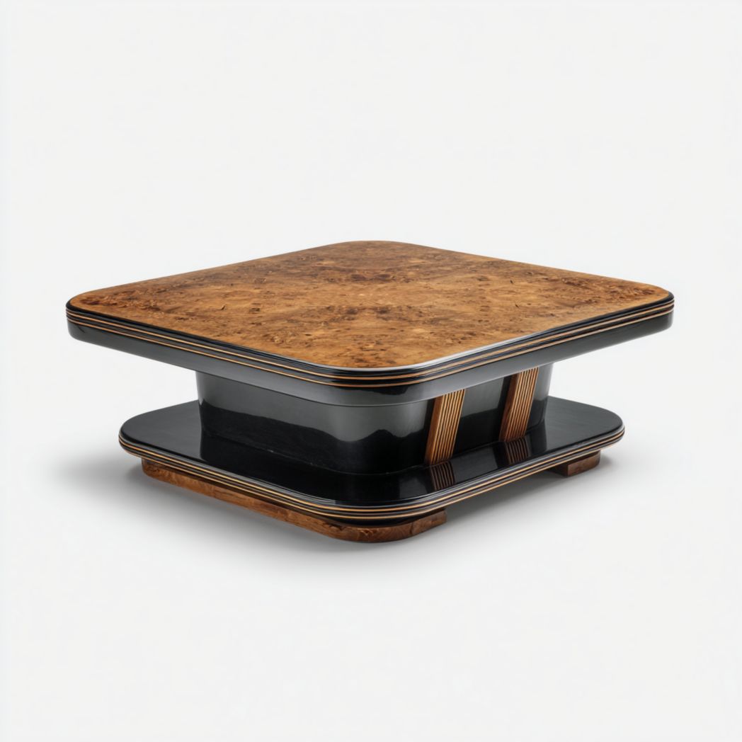 Table basse carrée avec placage en bois et base noire en design double couche