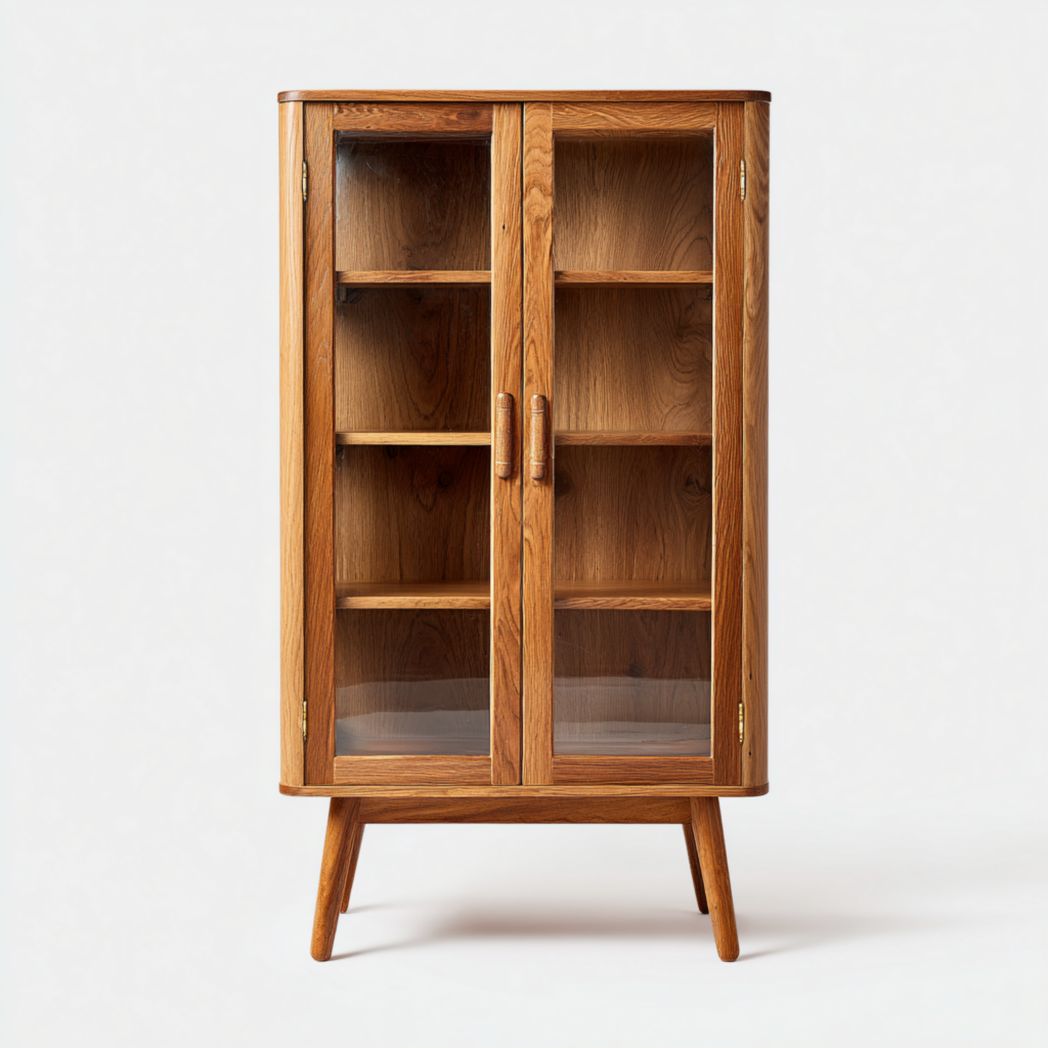 Vitrine en bois marron clair avec deux portes vitrées et étagères