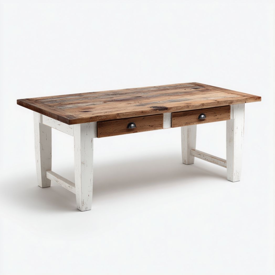 Table basse rectangulaire en bois massif avec un cadre blanc et deux tiroirs