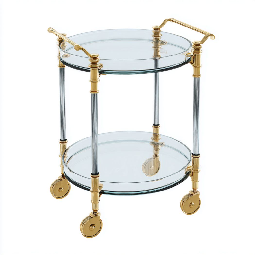 Chariot de service rond avec deux étagères en verre et structure en métal doré et argenté