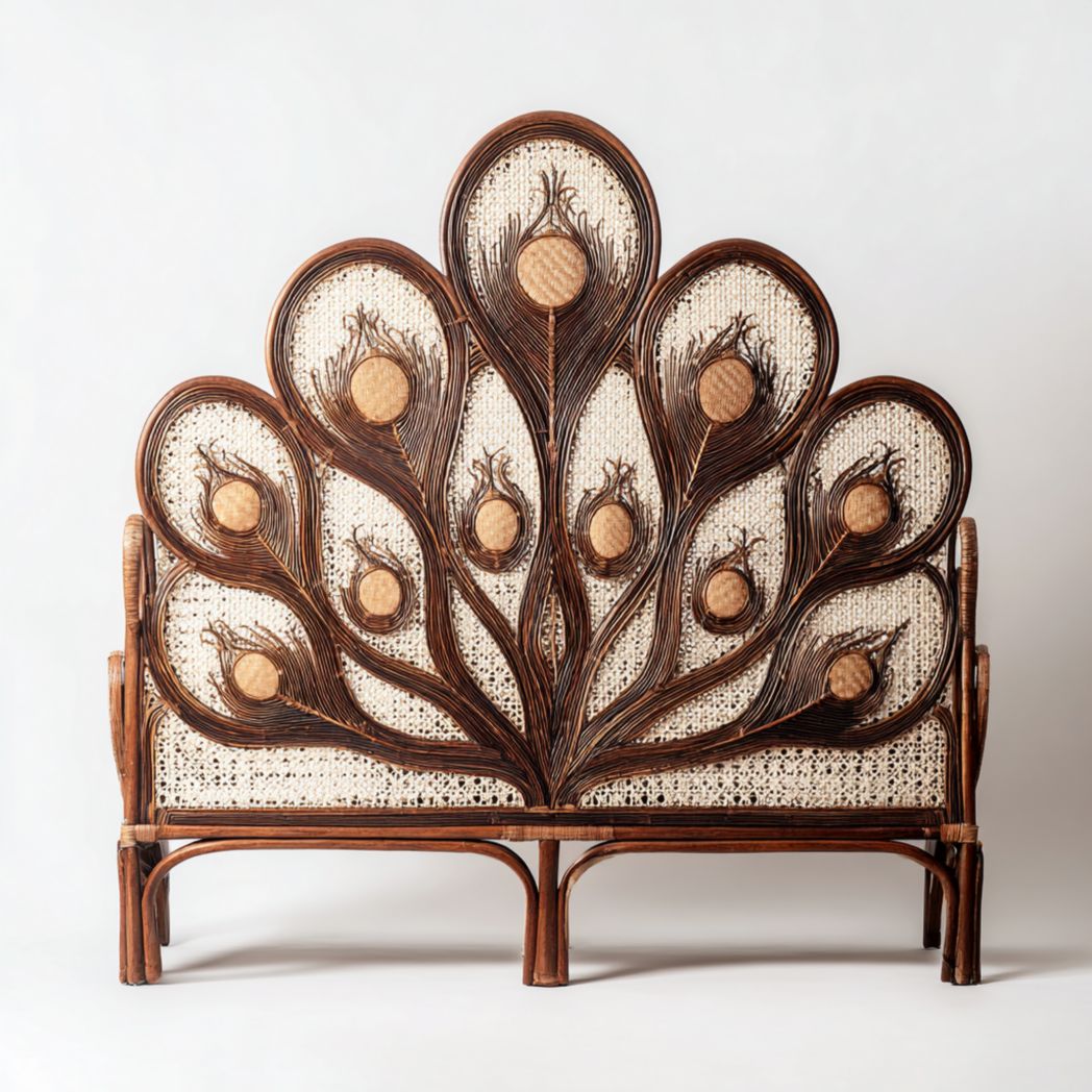 Tête de lit en rotin marron motif plumes de paon design semi-circulaire