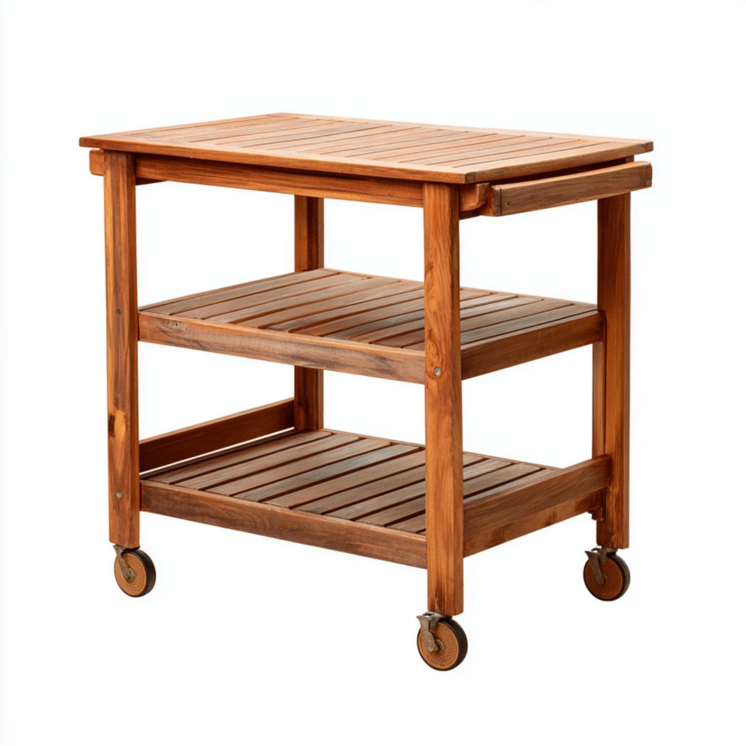 Chariot de service à trois niveaux en bois massif de couleur naturelle avec étagères rectangulaires et roulettes