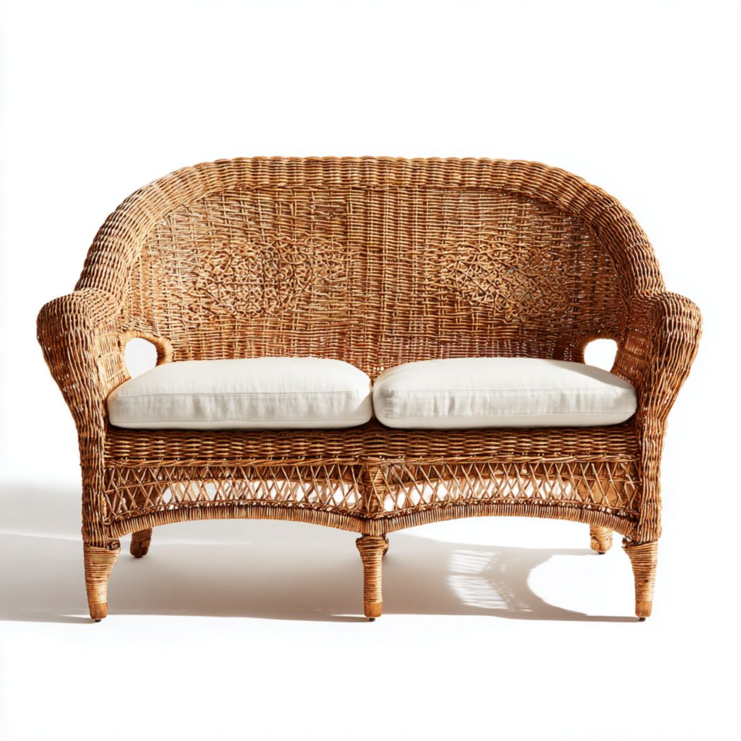 Banc en rotin naturel pour deux personnes avec coussins d'assise blancs