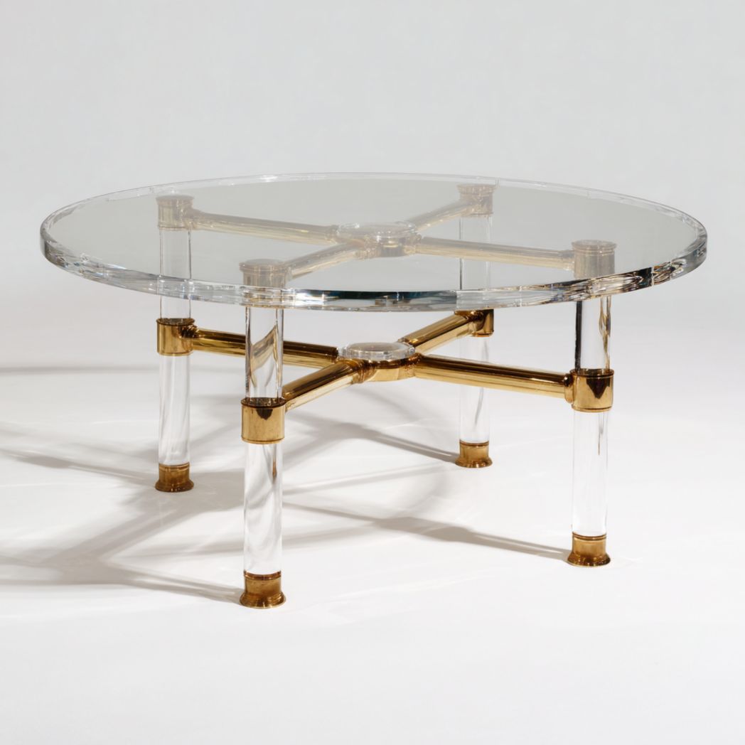 Table ronde en verre avec plateau transparent et structure en acrylique et métal