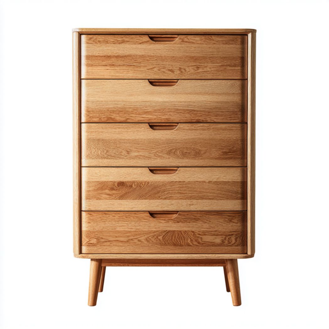 Commode en bois naturel, cinq tiroirs, pieds fuselés