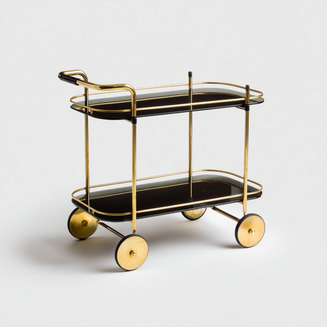 Chariot de service avec étagères en verre noir et structure en métal doré, à deux niveaux