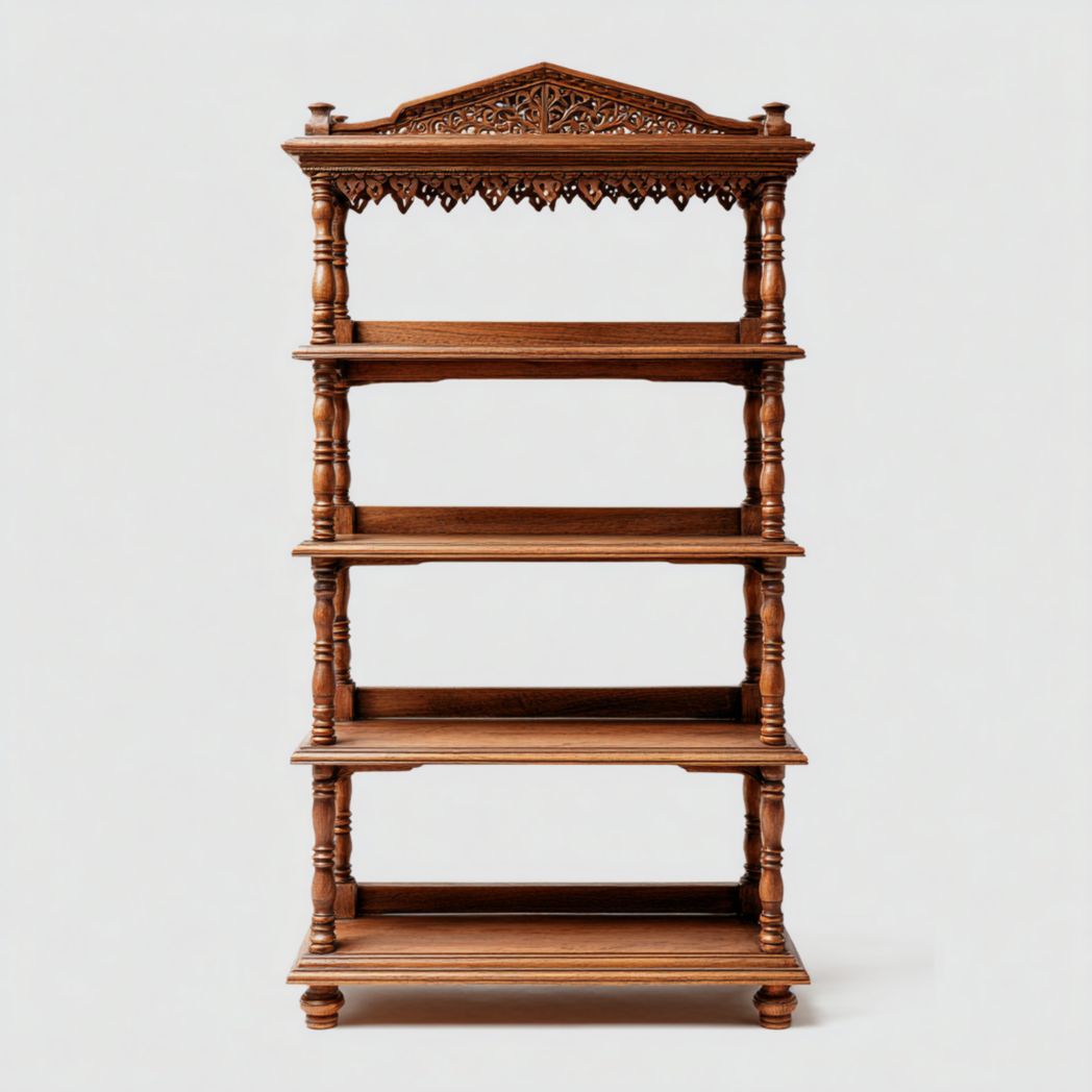 Bibliothèque en bois sculpté à quatre niveaux avec cadre marron et structure en colonnes