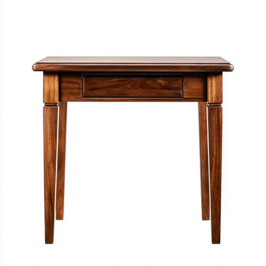 Bureau en bois foncé avec un tiroir et quatre pieds droits