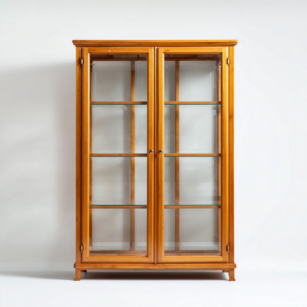 Vitrine en bois de couleur naturelle avec deux portes vitrées et plusieurs étagères en verre