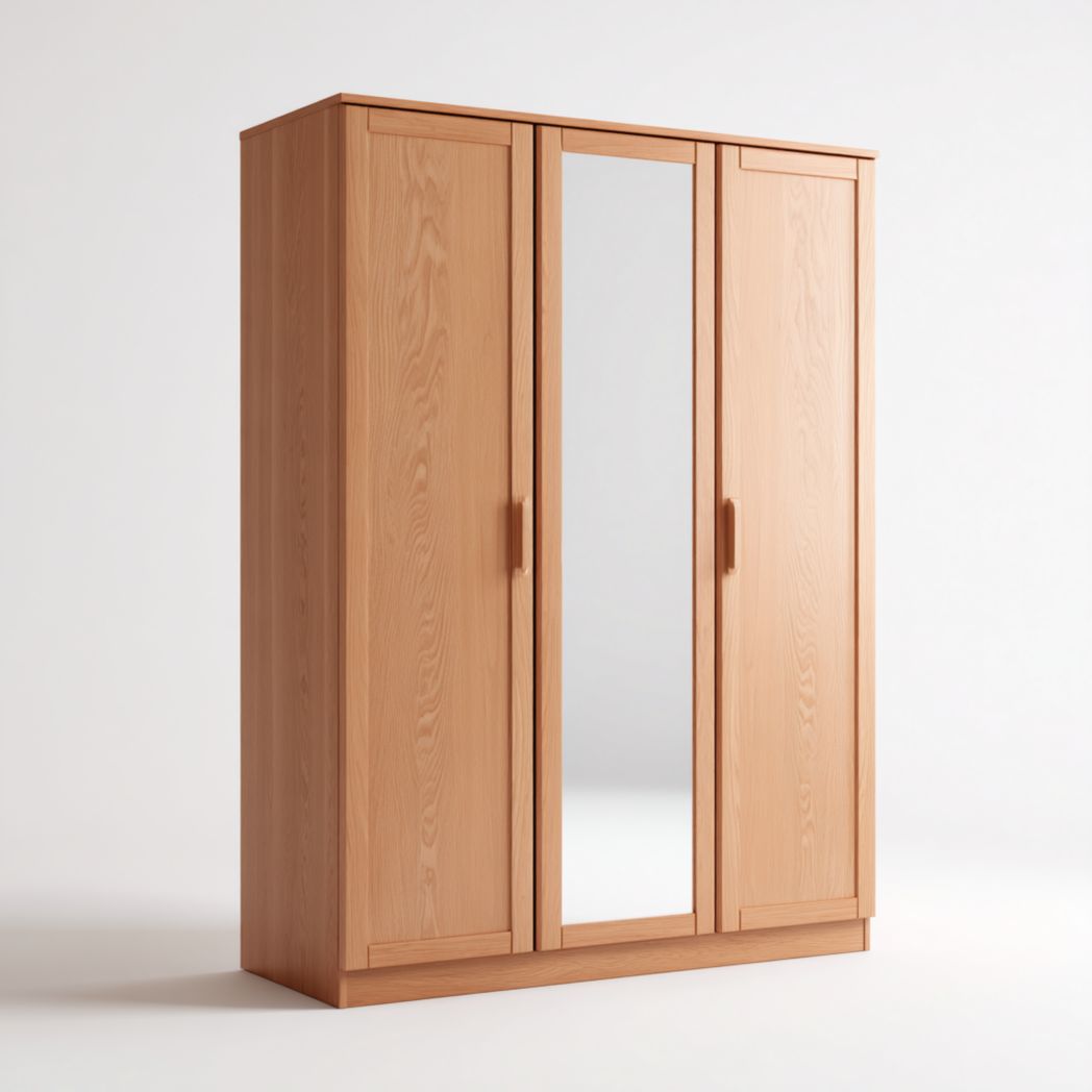 Armoire trois portes aspect bois clair avec miroir