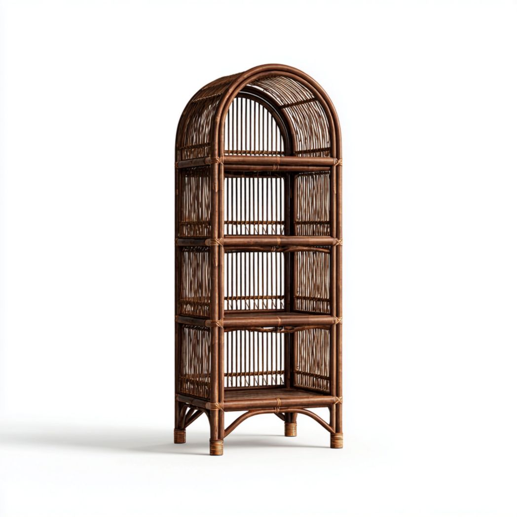 Bibliothèque en rotin marron foncé avec plateau arqué et quatre niveaux