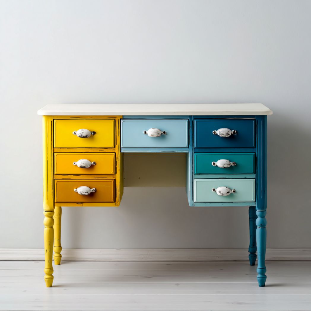 Bureau en bois multicolore avec sept tiroirs et quatre pieds sculptés