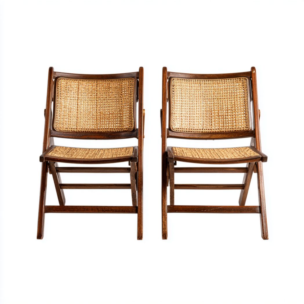 Deux chaises pliantes en bois avec cadre marron et assise en osier