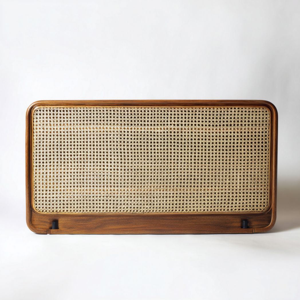 Tête de lit rectangulaire avec cadre en bois et osier, marron et beige