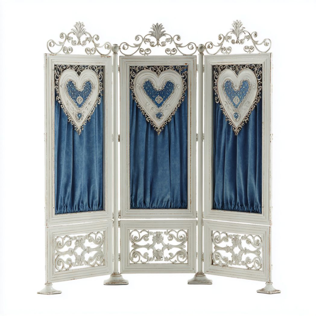 Paravent en trois parties en fer recouvert de tissu bleu et décoré de cœurs
