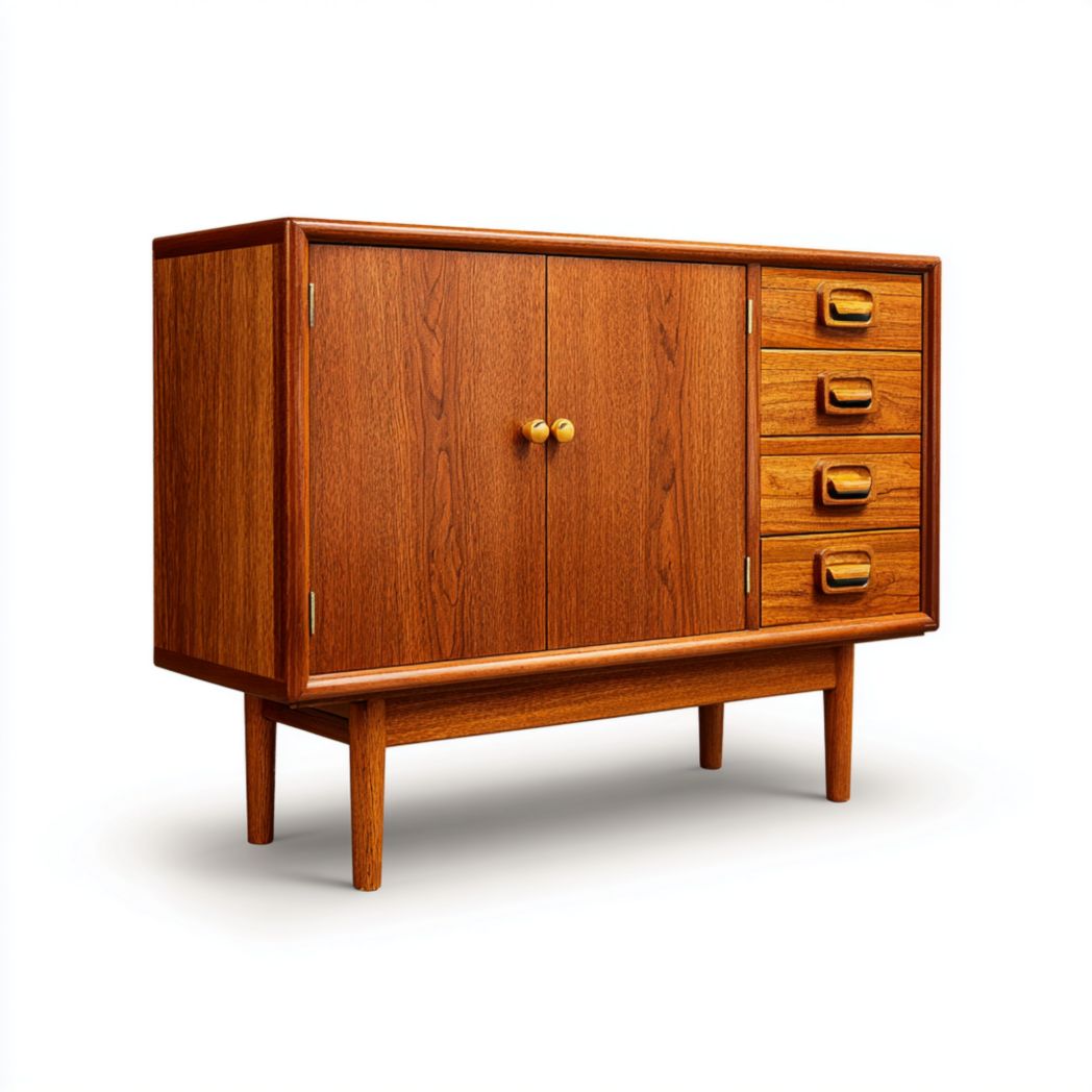 Commode aspect noyer avec quatre tiroirs et double porte