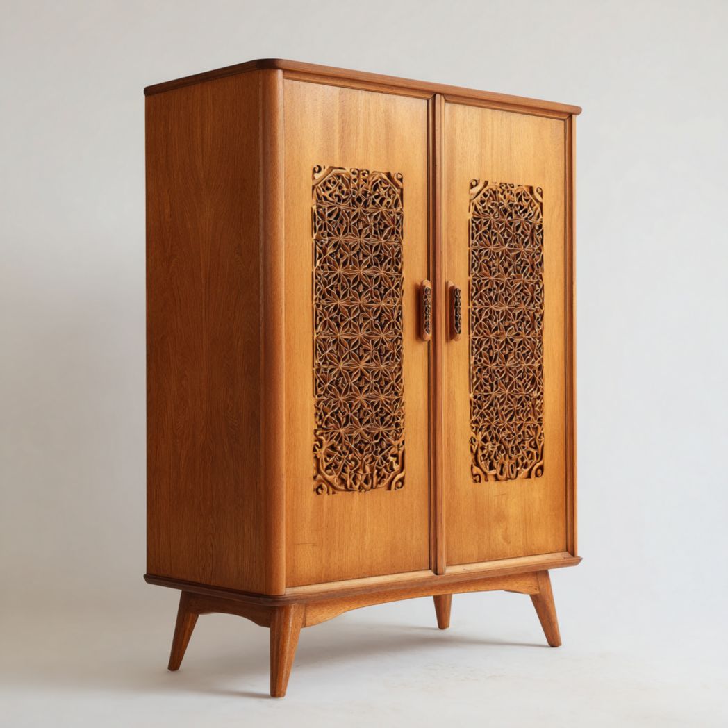 Armoire en bois marron à doubles portes et décorations sculptées