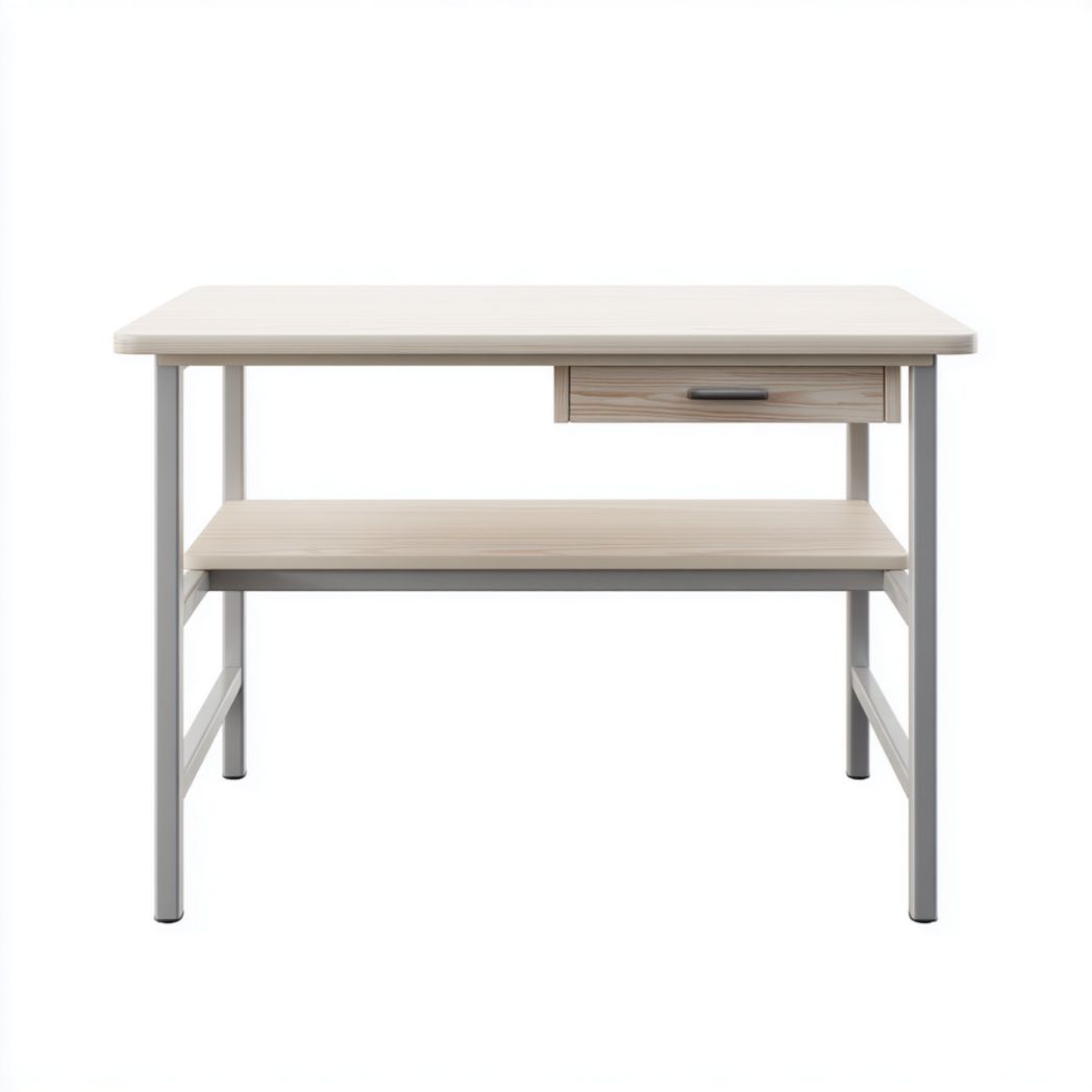 Bureau en bois clair avec un tiroir, étagère ouverte et structure métallique