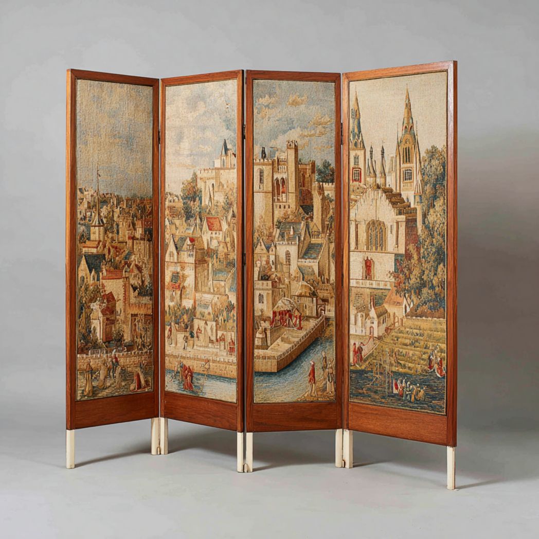 Paravent en quatre parties avec cadre en bois et panneaux en tissu à motif urbain