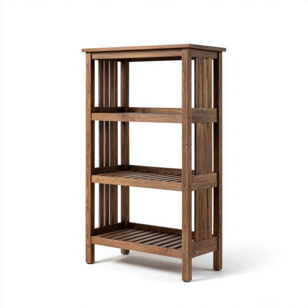 Bibliothèque en bois brun foncé à trois niveaux ouverts, construction à cadre