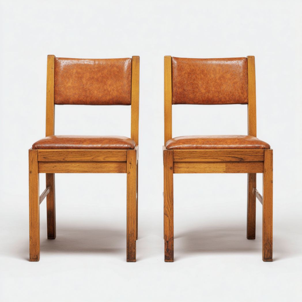 Deux chaises en bois avec revêtement en cuir marron