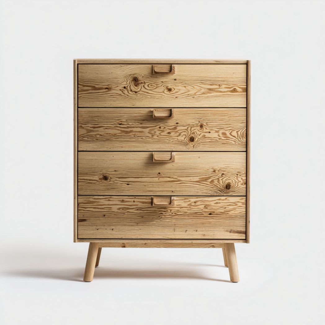 Commode en bois massif de couleur naturelle avec quatre tiroirs et poignées encastrées