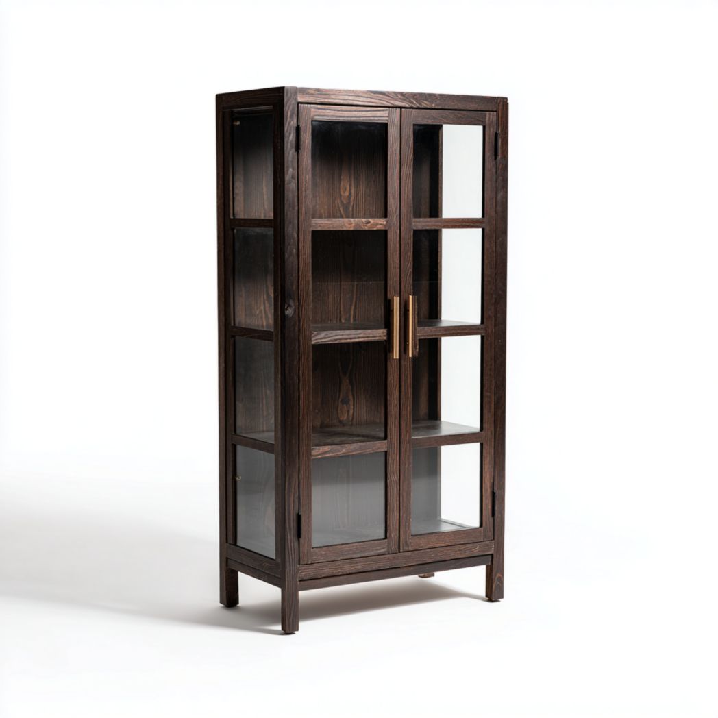 Vitrine en bois foncé avec deux portes vitrées, corps rectangulaire et étagères