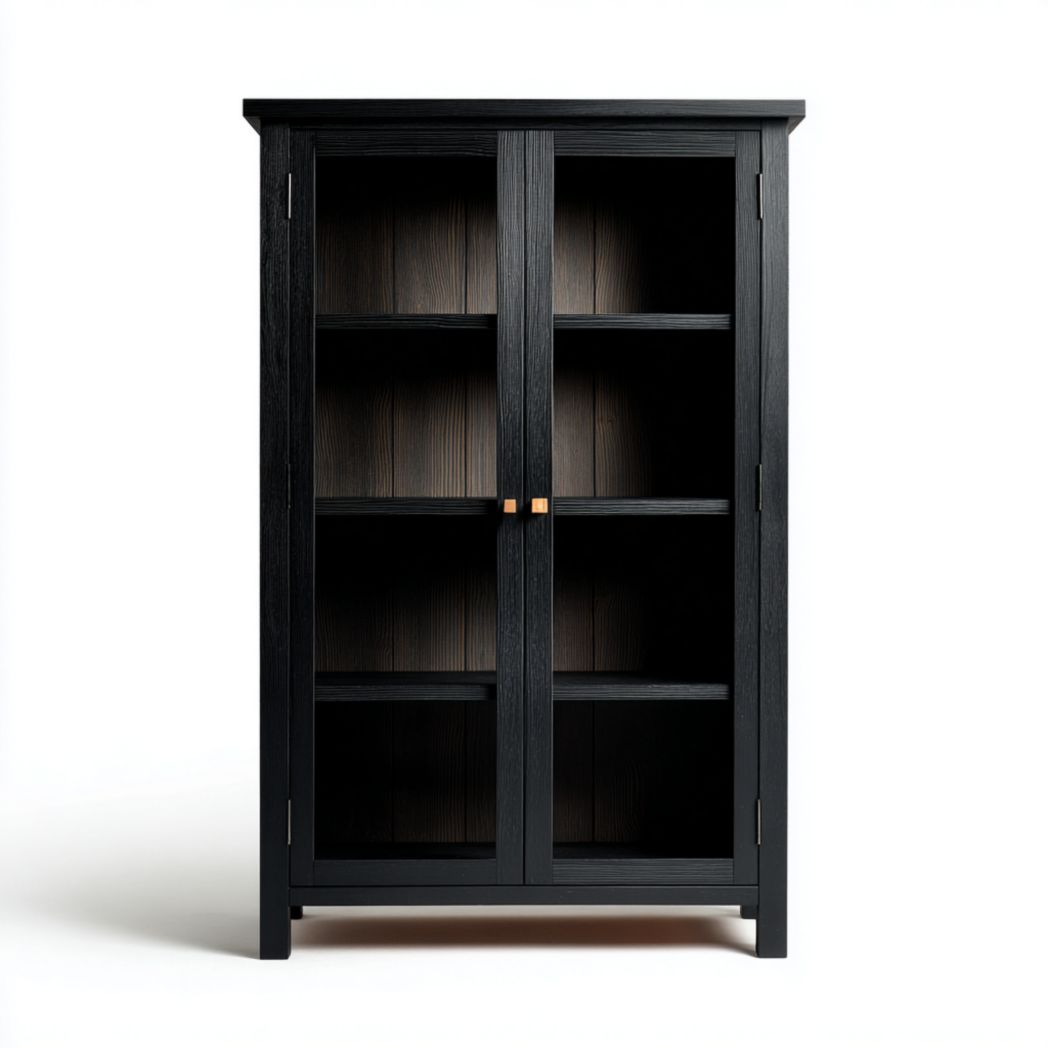 Bibliothèque en bois noir avec portes doubles et inserts en verre