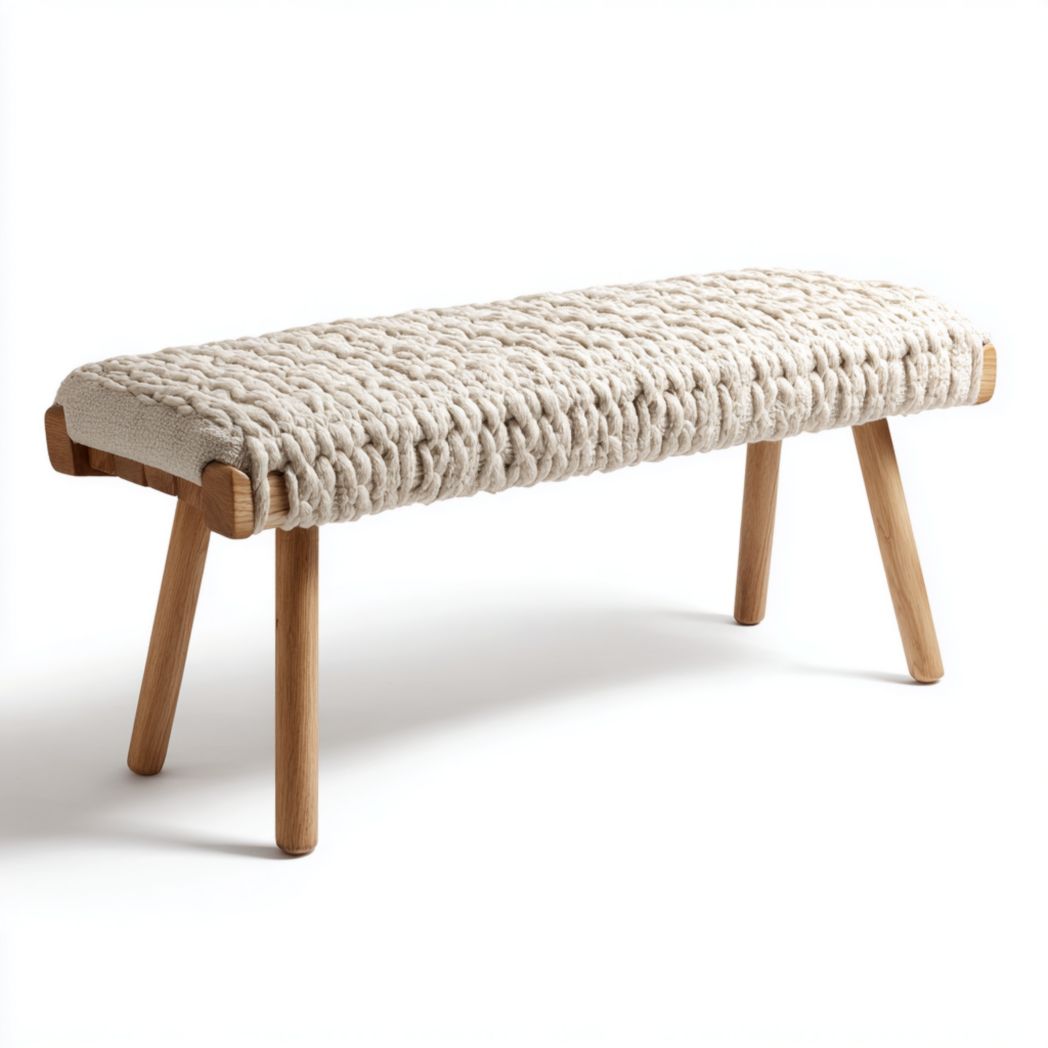 Banc en bois massif clair avec surface en tissu tissé