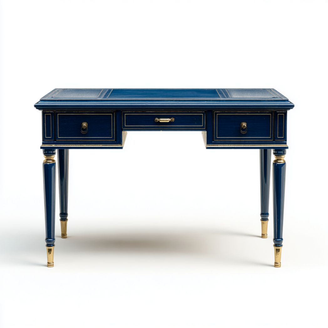 Bureau en bois bleu foncé avec trois tiroirs et quatre pieds sculptés ornés de métal