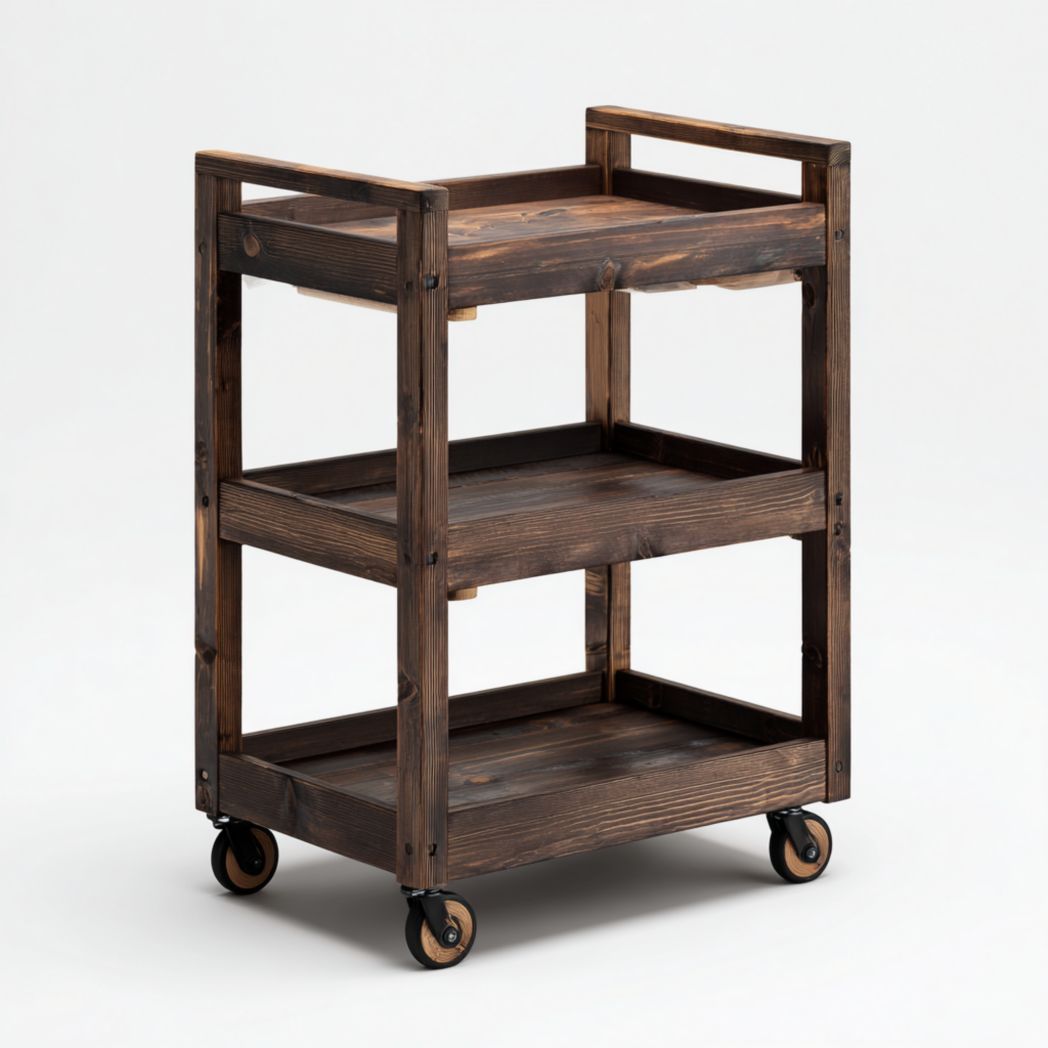 Chariot de service rectangulaire à trois niveaux en bois brun foncé avec roulettes