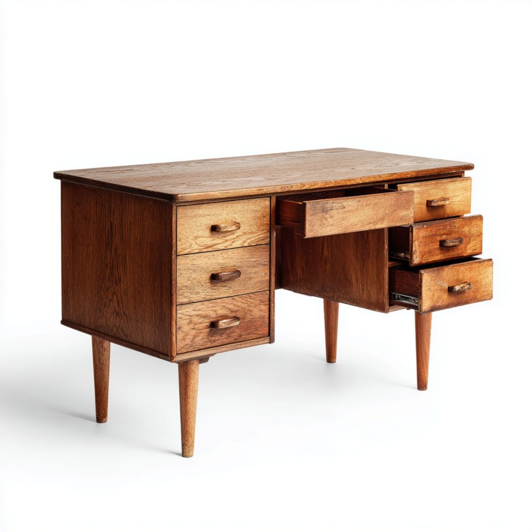 Bureau en bois brun avec sept tiroirs et quatre pieds cylindriques