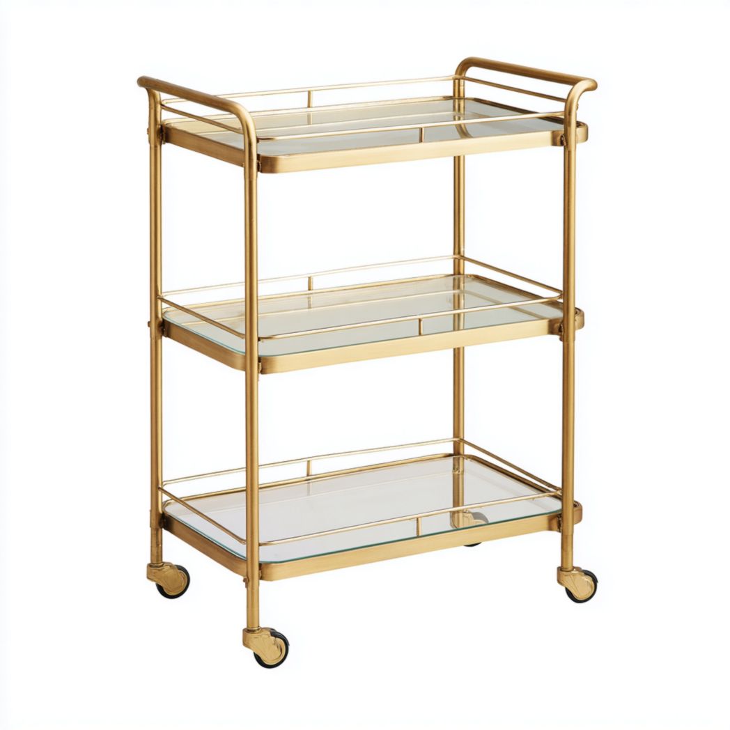 Chariot de service avec étagères en verre et structure en métal, à trois niveaux, de couleur dorée, avec roulettes