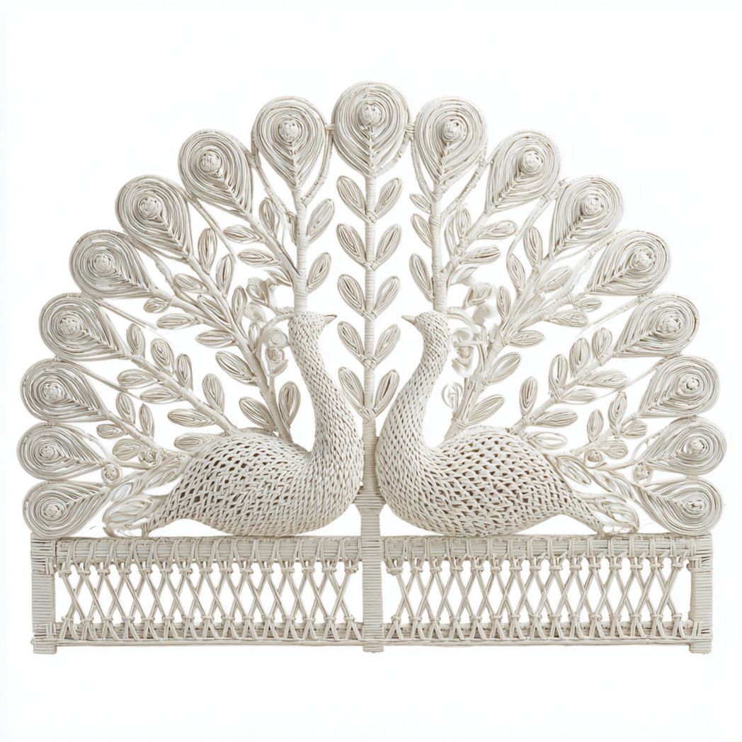 Tête de lit en rotin motif paon blanc tissage symétrique