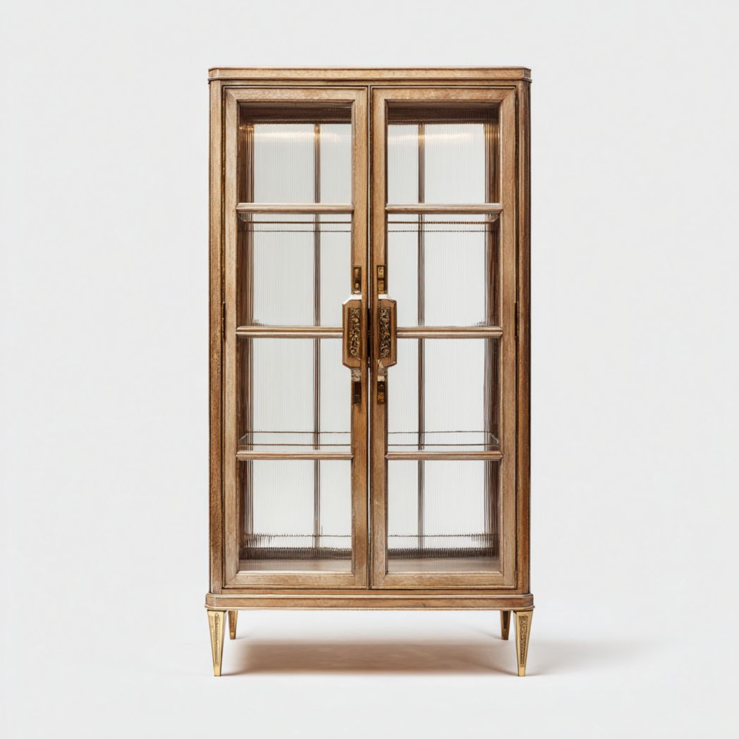 Vitrine en bois marron avec deux portes vitrées, étagères et poignées en métal