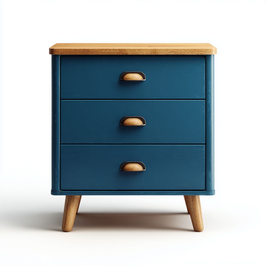 Commode en bois bleu avec trois tiroirs, plateau en bois naturel et pieds fuselés