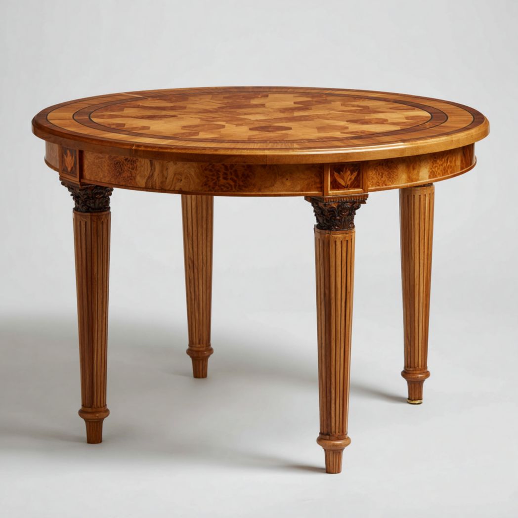 Table ronde en bois avec plateau marqueté et pieds décorés