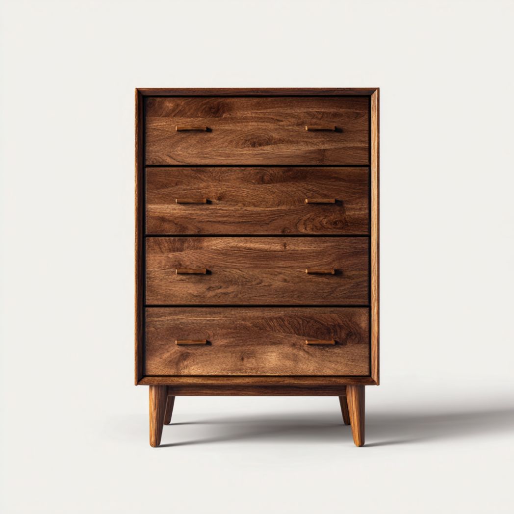 Commode en bois marron foncé avec quatre tiroirs et poignées en bois