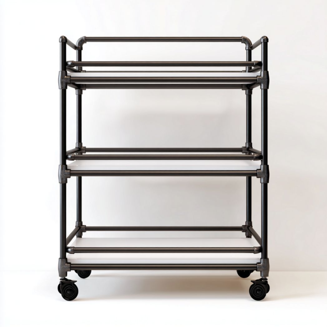 Chariot de service avec structure en métal noir, à trois niveaux, avec roulettes