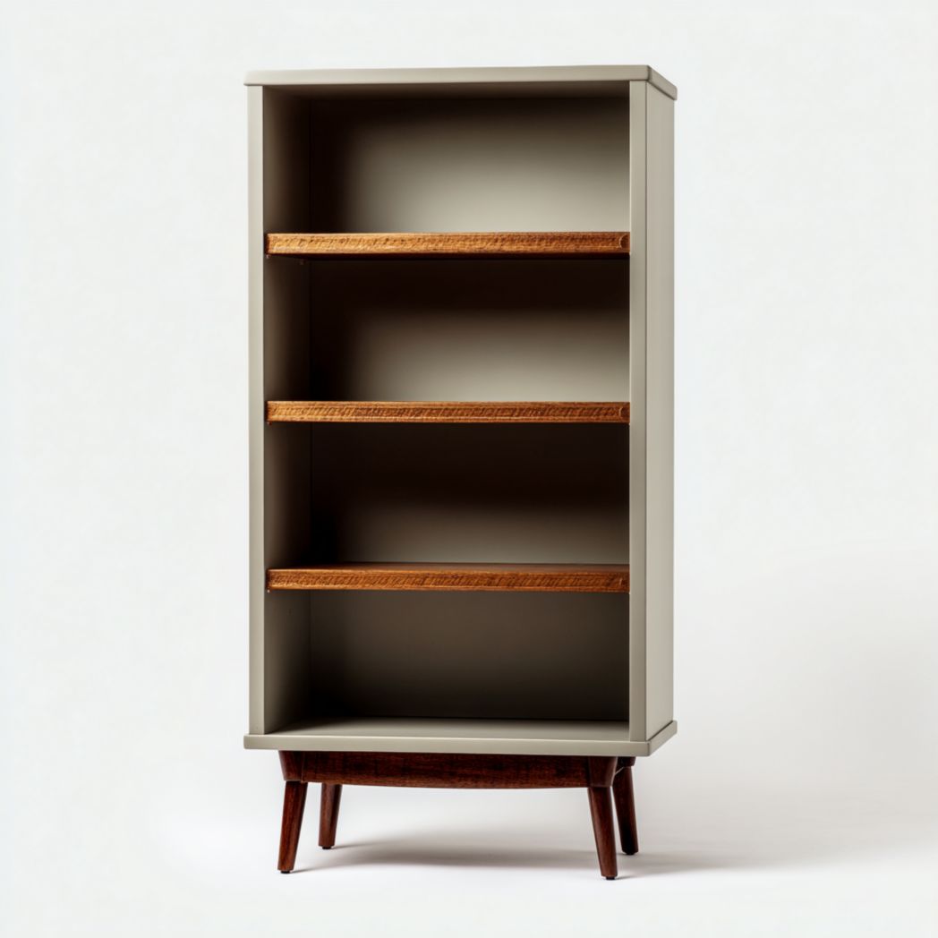 Bibliothèque en bois gris avec quatre étagères et structure à pieds