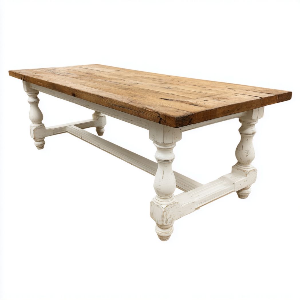 Table rectangulaire en bois avec plateau naturel et pieds tournés blancs