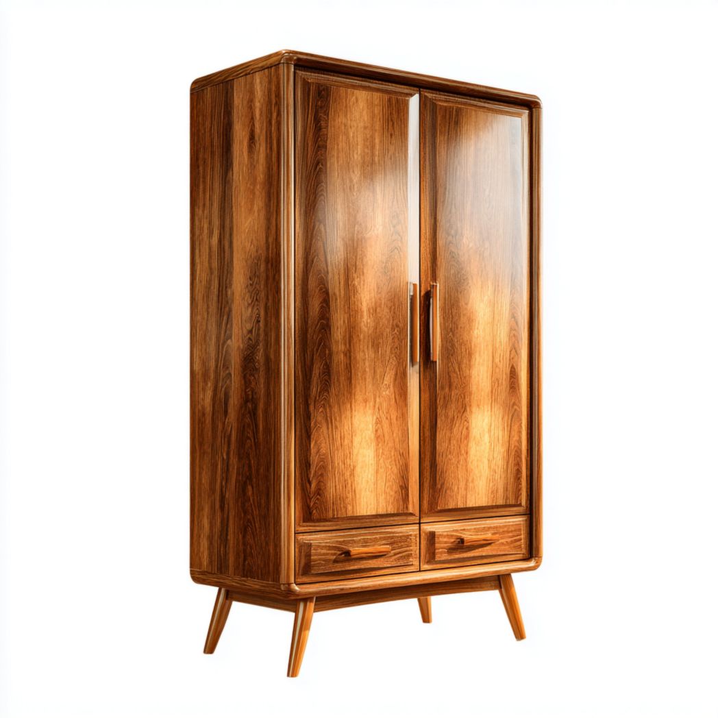 Armoire en bois marron foncé avec portes doubles et deux tiroirs