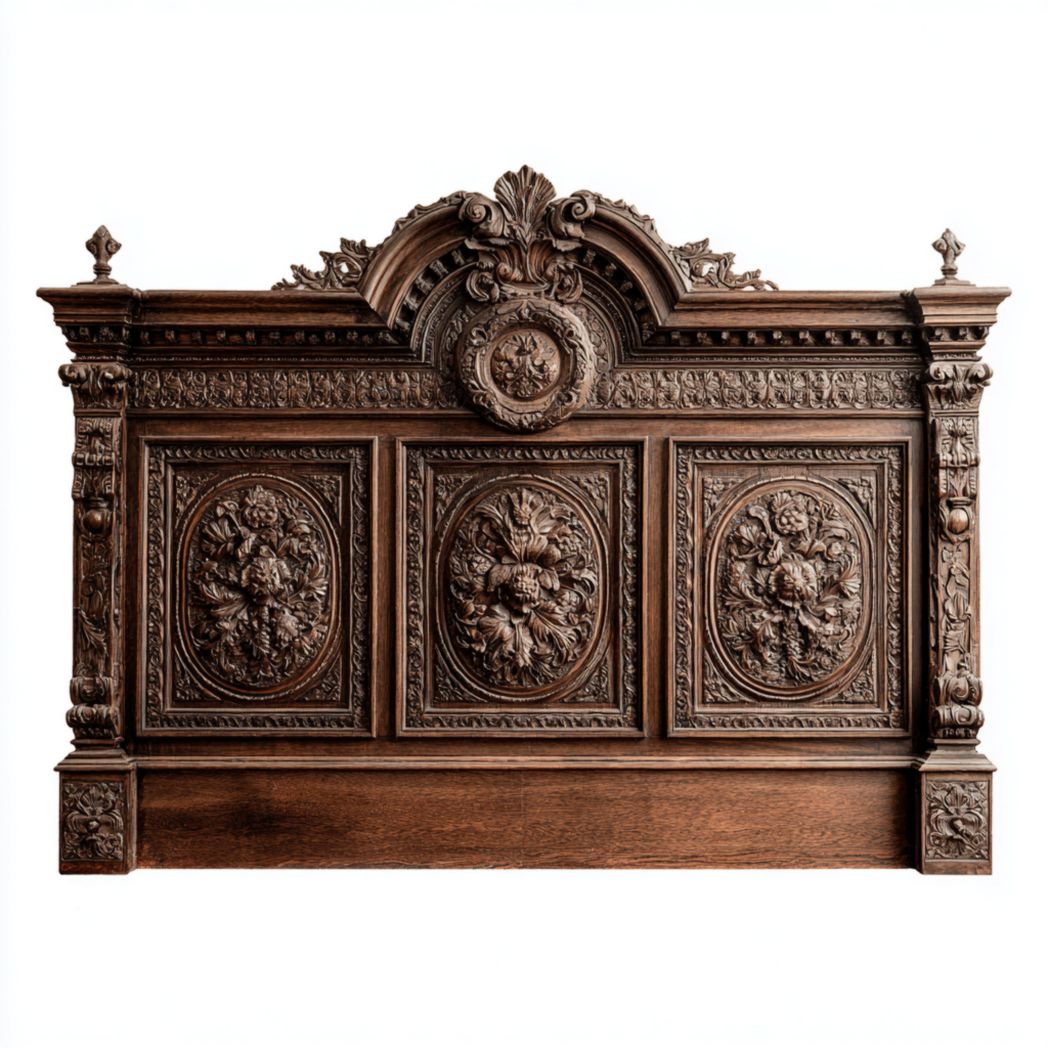 Tête de lit en bois marron foncé de forme rectangulaire et décorations sculptées