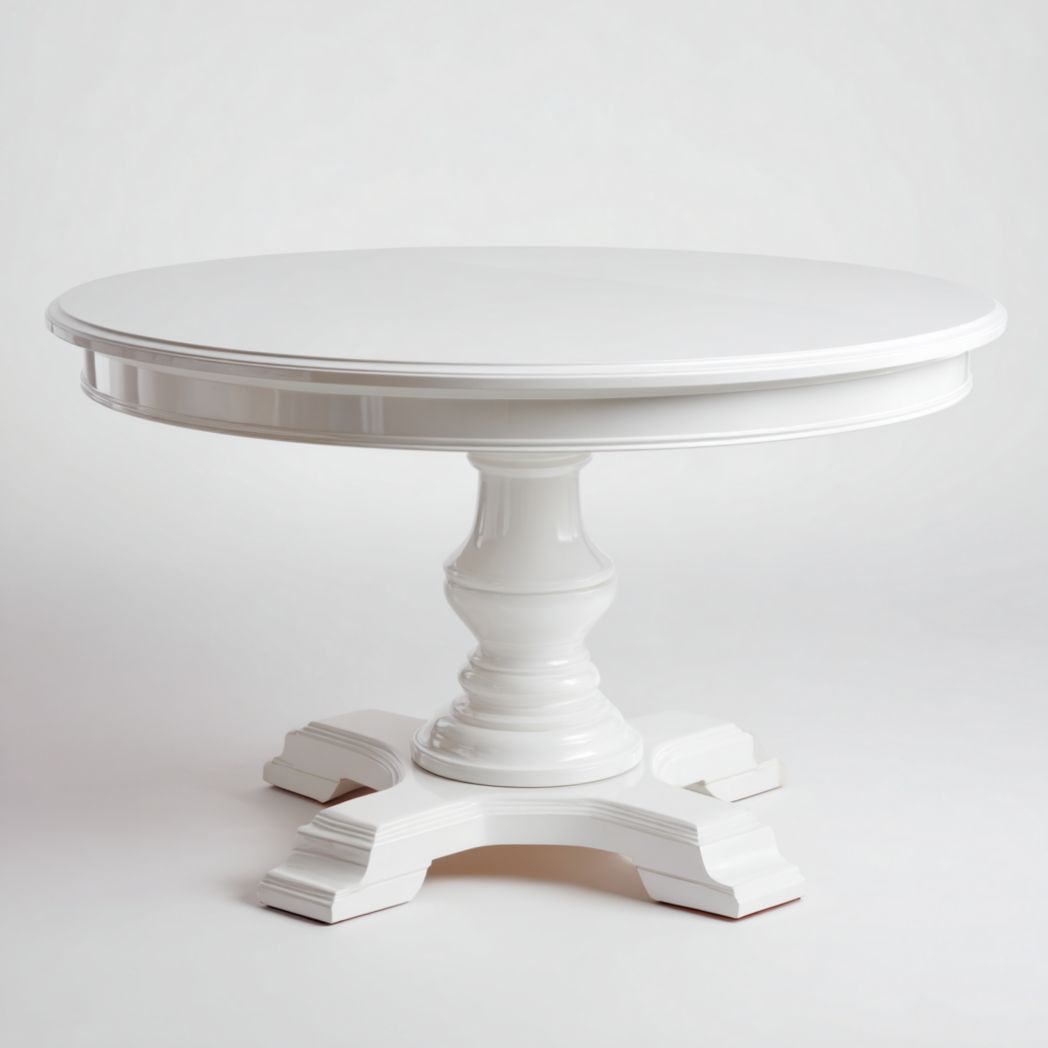 Table ronde en bois avec plateau blanc et base en colonne centrale
