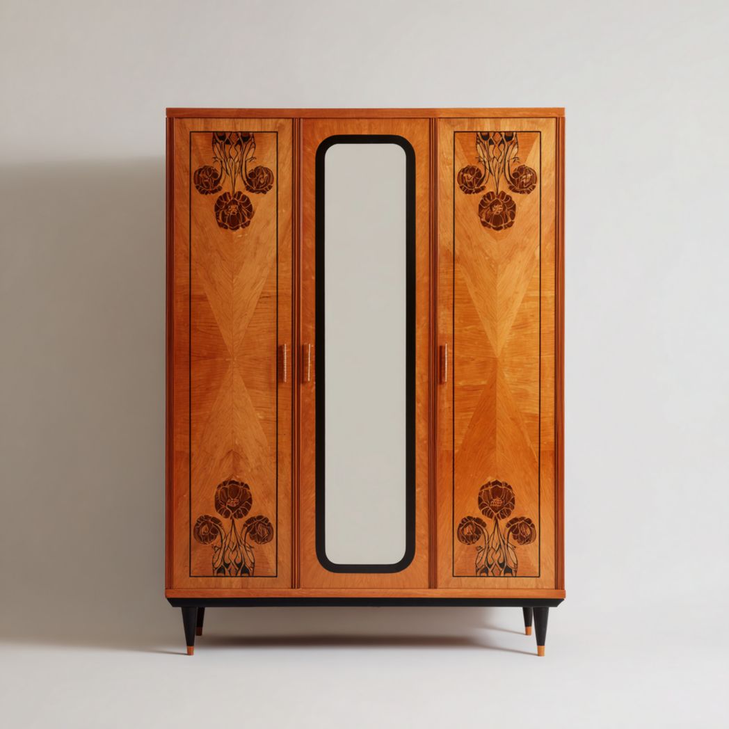 Armoire à portes tournantes en bois avec trois portes et un miroir au milieu