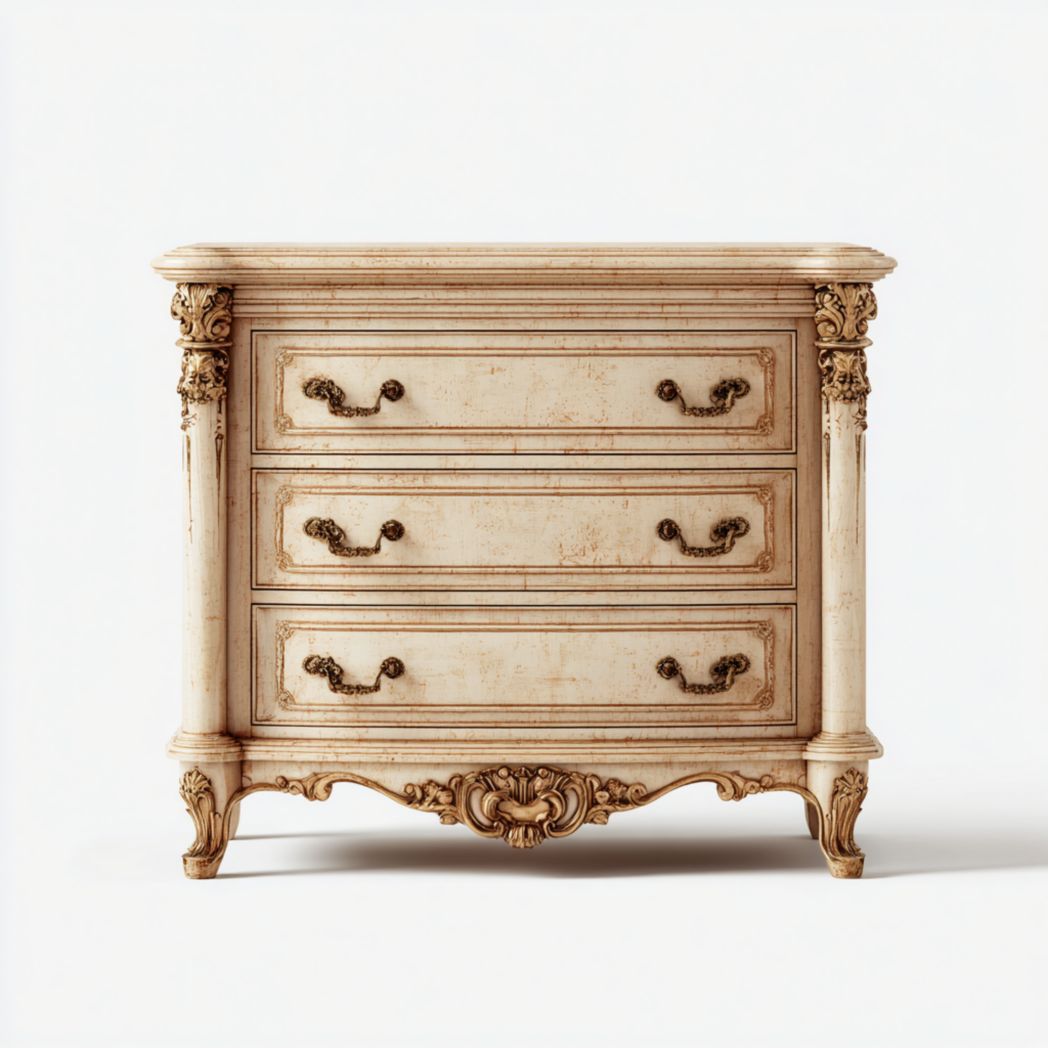 Commode en bois beige à trois tiroirs, décor sculpté et poignées en métal