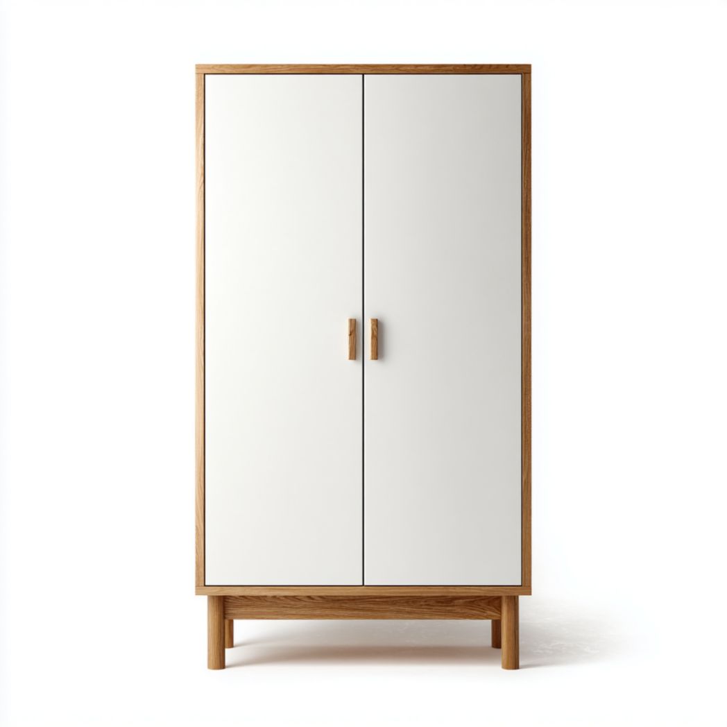 Armoire blanche à deux portes et cadre en bois